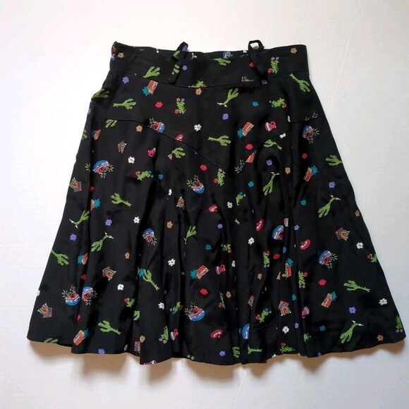 Vintage Desert West Sherry Holt Size S Cactus Pleated Skirt Black Rayon Teacher - Picture 1 of 10